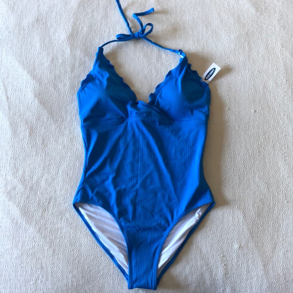 One-Piece Bright Blue Bathing Suit with Halter Tie Straps and Ruffle Neckline